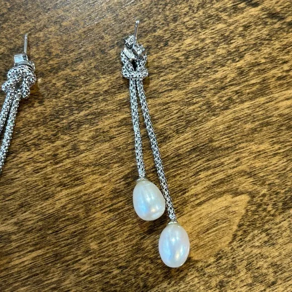 Rhodium over 925 Sterling Silver Freshwater Pearl Dangle Earrings & Necklace Set - Picture 10 of 15